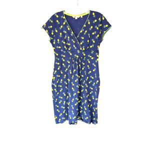 Boden‎ Dress Blue Yellow Lemon Print Jersey Short Sleeve V-Neck Size 8 Petite